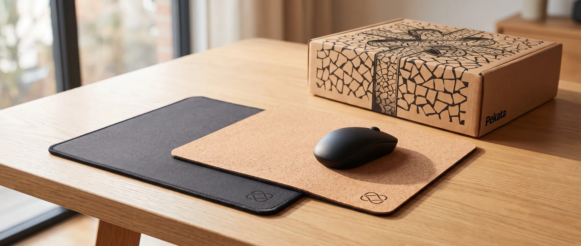 Personalisiertes Mousepad mit dem Logo eines Unternehmens auf einem Büroschreibtisch