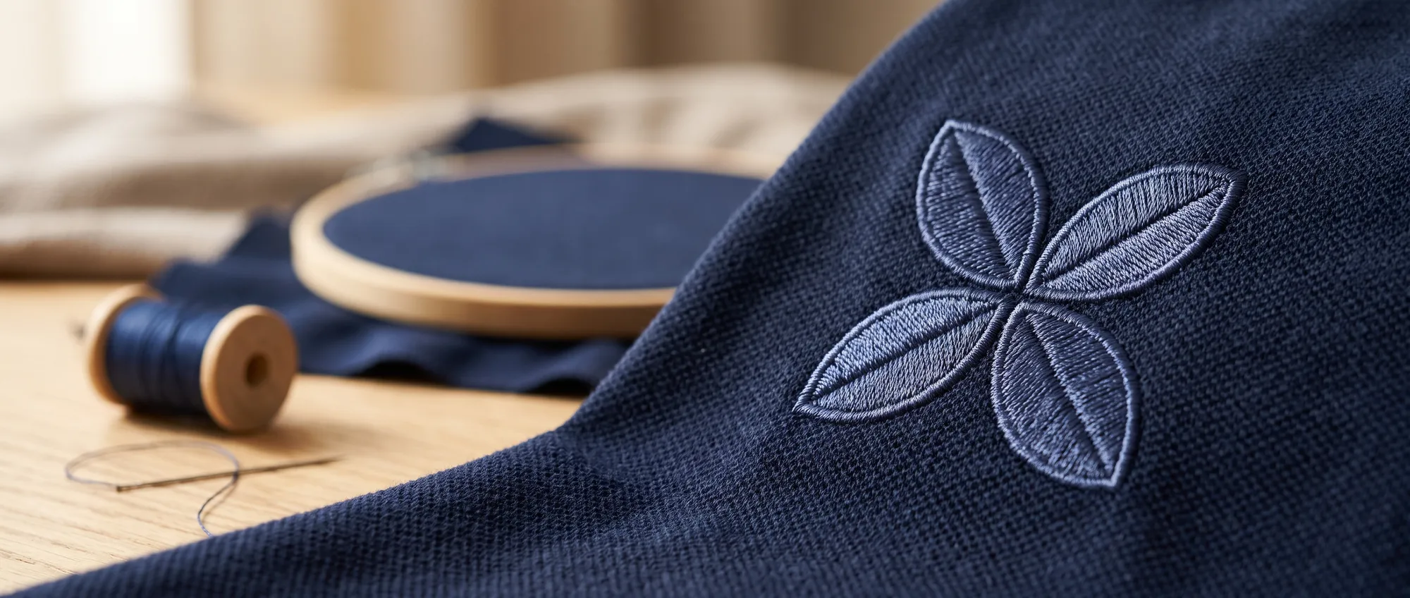Nahaufnahme eines auf die Brust eines Poloshirts gestickten Logos mit sichtbarer Garnstruktur
