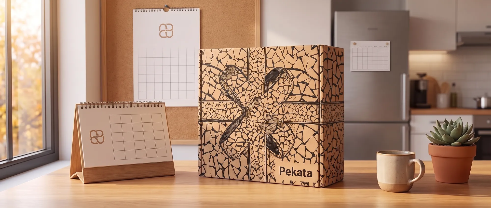 Tischkalender und Wandkalender mit dem Logo eines Unternehmens auf einem Schreibtisch, neben einer Pekata-Box und einem Magnetkalender an der Tür eines Kühlschranks