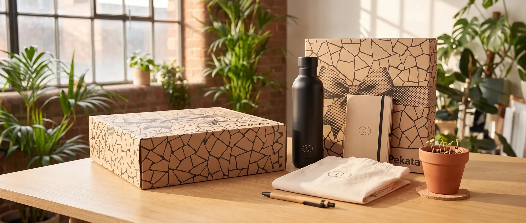 Sustainable merchandise with the same logo (steel bottle, recycled notebook, organic cotton tote bag, bamboo pen and seed pot) next to a Pekata box