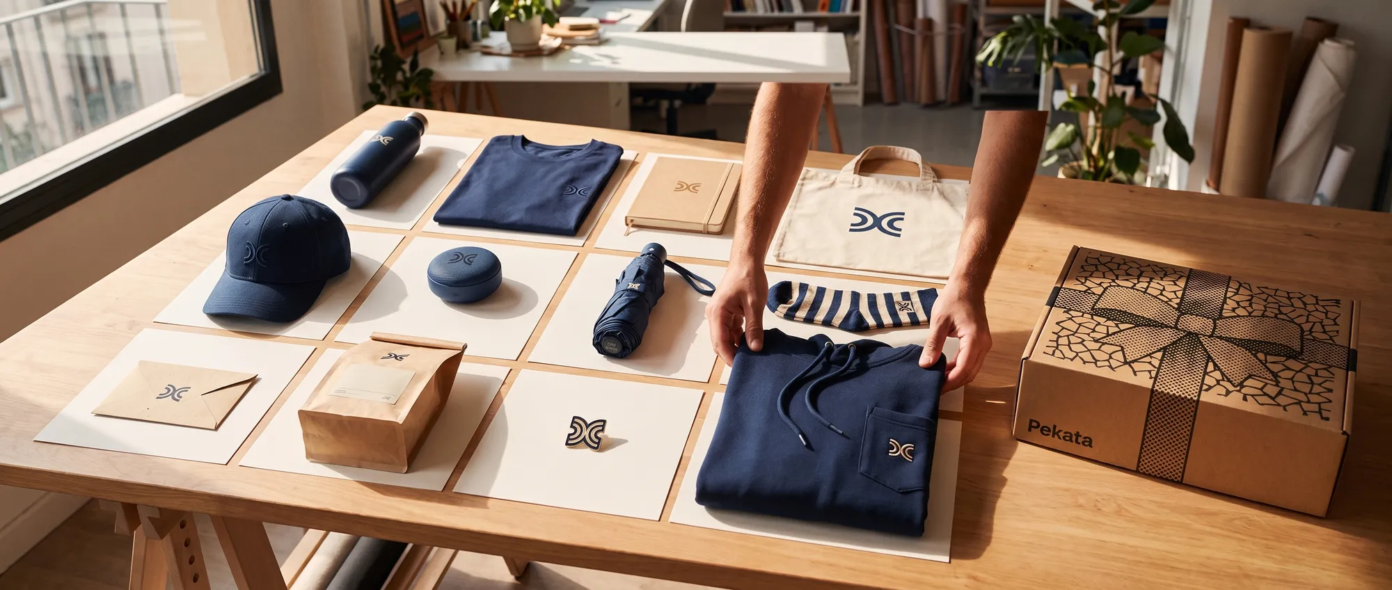 Moodboard mit Werbegeschenke Ideen auf einem Tisch: Flasche, T-Shirt, Notizbuch, Tote Bag, Cap und weitere Artikel mit demselben Logo