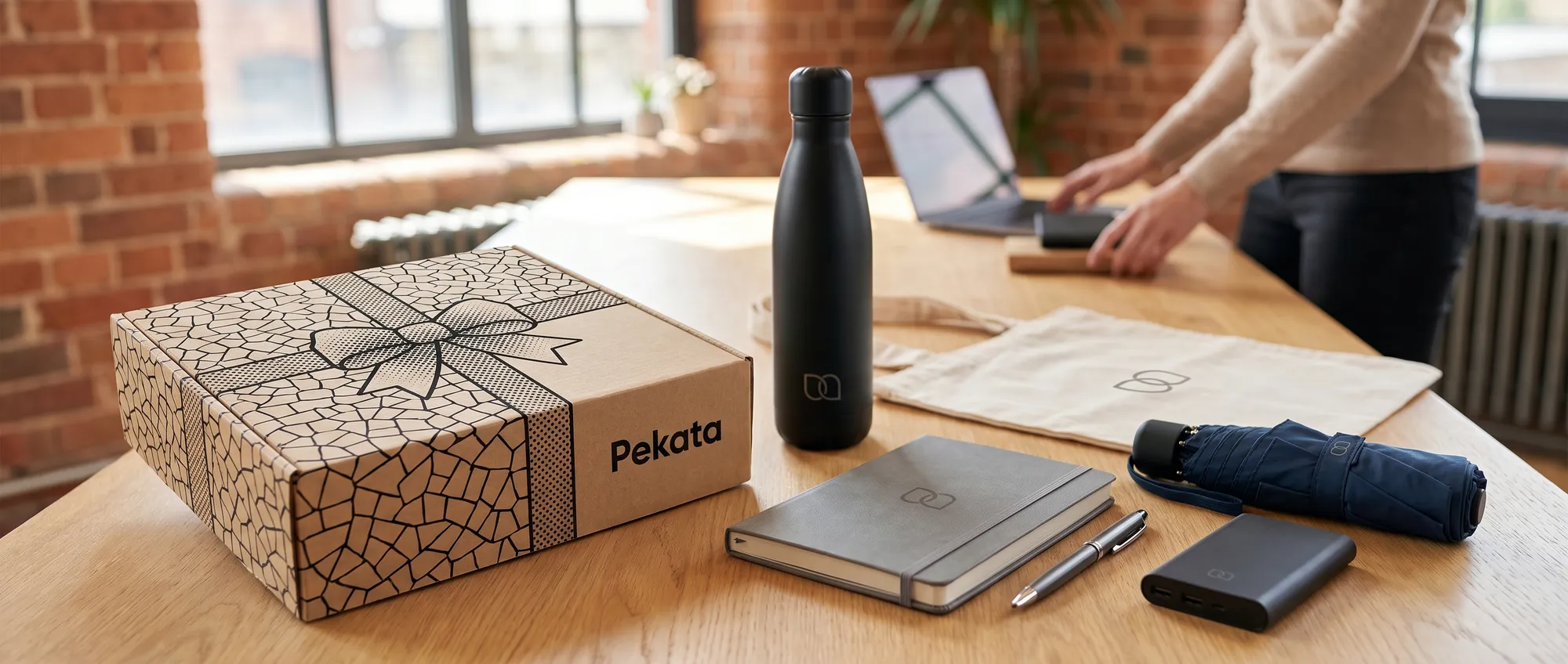 Auswahl an Werbegeschenken mit demselben Logo auf einem Marketingtisch neben einer Pekata-Box
