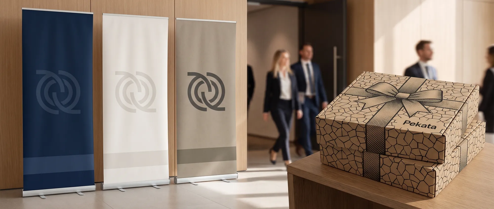Roll up in 85 × 200 cm mit dem Logo eines Unternehmens neben einer Messetheke