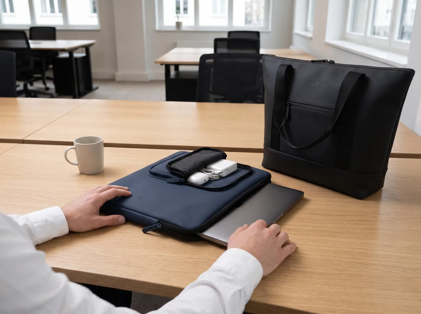 Marineblaue Pilatus-Laptophülle und schwarze Tragetasche auf einem Bürotisch