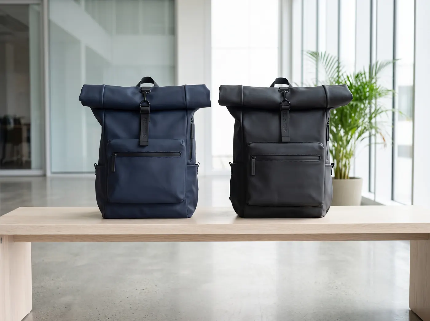 Zwei Pilatus Urban Rucksäcke, marineblau und schwarz, auf einer Bank in einer Bürolobby